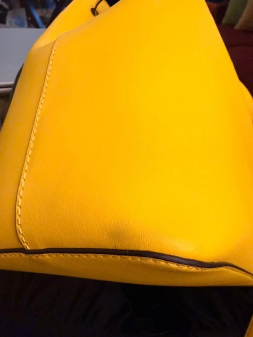 RALPH LAUREN DRAWSTRING BUCKET LEATHER BAG, DEBBY, YELLOW, PREOWNED